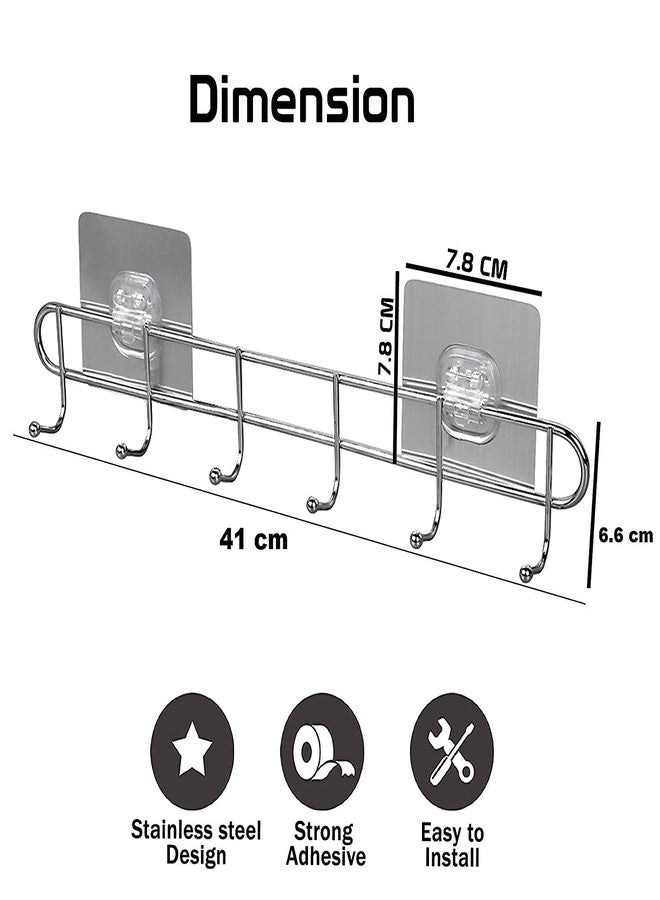 Xacton Stainless Steel Hook Hanger I Multi-Functional Self-Adhesive No Drilling Wall Mounted Rod with 6 Hooks & Magic Sticker I Utensil Hanging Rack I for Cloth Kitchen Bathroom Accessories Items - Image 2